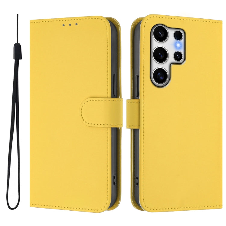 For Samsung Galaxy S25 Ultra 5G Skin Feel Solid Color Leather Phone Case with Lanyard(Lemon Yellow)