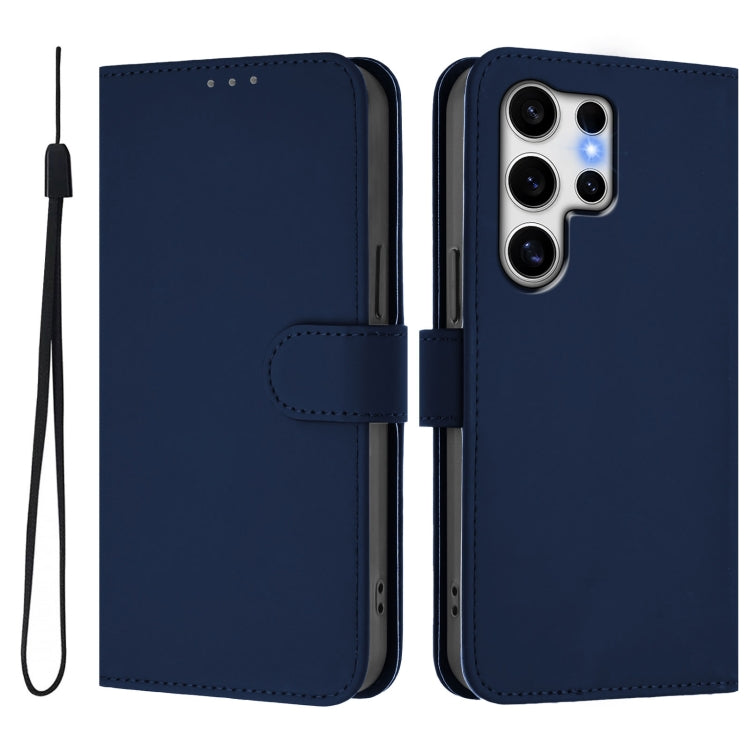 For Samsung Galaxy S25 Ultra 5G Skin Feel Solid Color Leather Phone Case with Lanyard(Navy Blue)