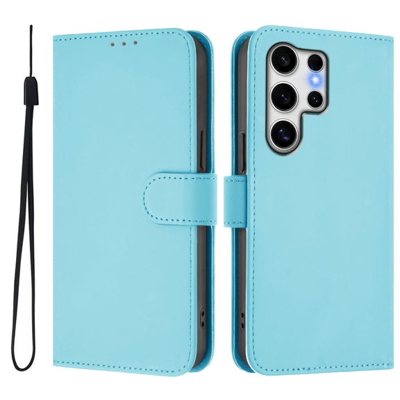For Samsung Galaxy S25 Ultra 5G Skin Feel Solid Color Leather Phone Case with Lanyard(Sky Blue)