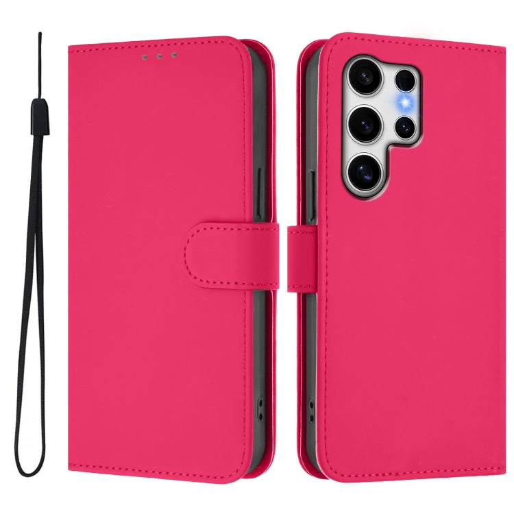 For Samsung Galaxy S25 Ultra 5G Skin Feel Solid Color Leather Phone Case with Lanyard(Rose Red)