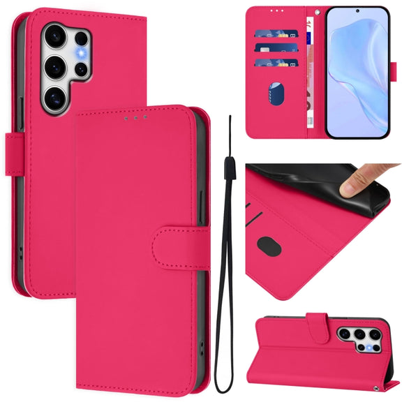 For Samsung Galaxy S25 Ultra 5G Skin Feel Solid Color Leather Phone Case with Lanyard(Rose Red)