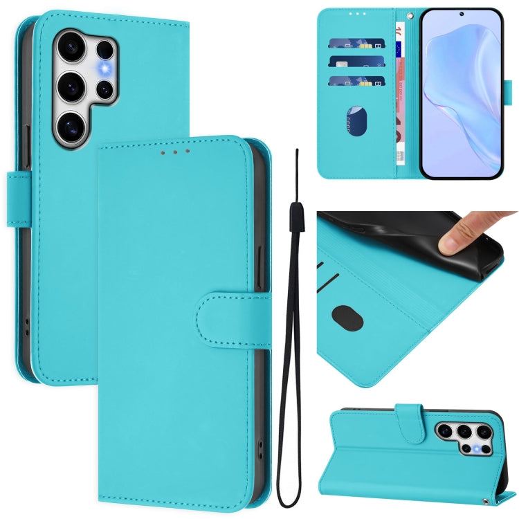 For Samsung Galaxy S25 Ultra 5G Skin Feel Solid Color Leather Phone Case with Lanyard(Lake Blue)