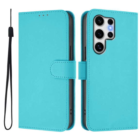 For Samsung Galaxy S25 Ultra 5G Skin Feel Solid Color Leather Phone Case with Lanyard(Lake Blue)