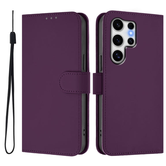 For Samsung Galaxy S25 Ultra 5G Skin Feel Solid Color Leather Phone Case with Lanyard(Violet)