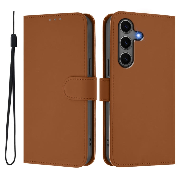 For Samsung Galaxy S25+ 5G Skin Feel Solid Color Leather Phone Case with Lanyard(Brown)