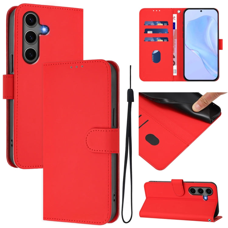 For Samsung Galaxy S25+ 5G Skin Feel Solid Color Leather Phone Case with Lanyard(Red)