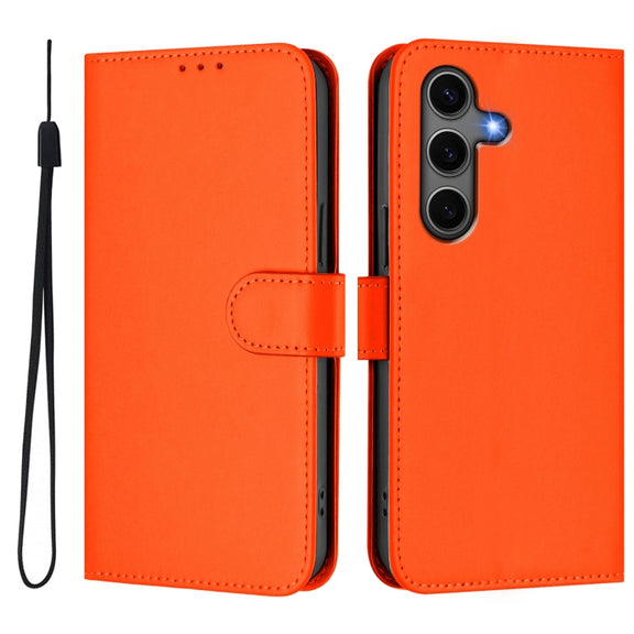For Samsung Galaxy S25+ 5G Skin Feel Solid Color Leather Phone Case with Lanyard(Orange)