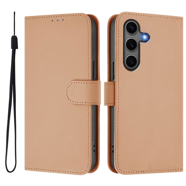 For Samsung Galaxy S25+ 5G Skin Feel Solid Color Leather Phone Case with Lanyard(Nude)