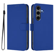 For Samsung Galaxy S25+ 5G Skin Feel Solid Color Leather Phone Case with Lanyard(Dark Blue)