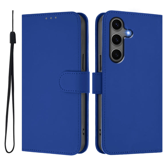 For Samsung Galaxy S25+ 5G Skin Feel Solid Color Leather Phone Case with Lanyard(Dark Blue)