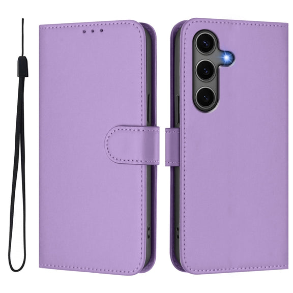 For Samsung Galaxy S25+ 5G Skin Feel Solid Color Leather Phone Case with Lanyard(Lavender Purple)