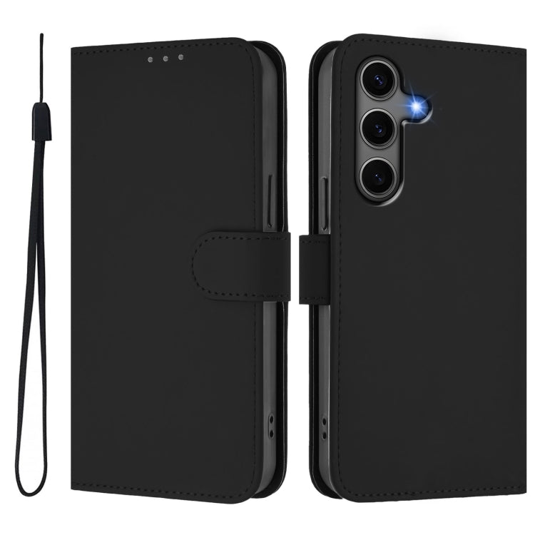 For Samsung Galaxy S25+ 5G Skin Feel Solid Color Leather Phone Case with Lanyard(Black)