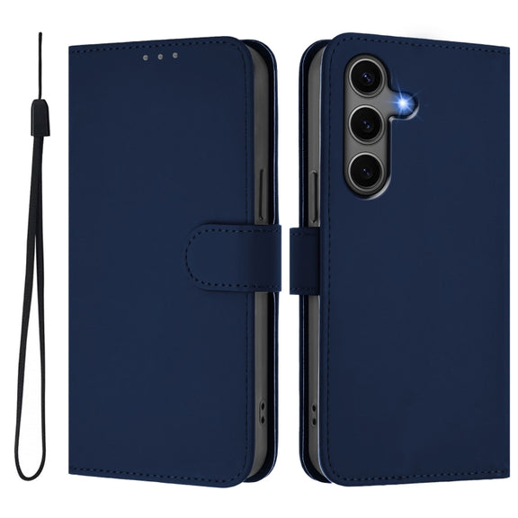 For Samsung Galaxy S25+ 5G Skin Feel Solid Color Leather Phone Case with Lanyard(Navy Blue)