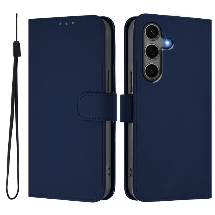 For Samsung Galaxy S25+ 5G Skin Feel Solid Color Leather Phone Case with Lanyard(Navy Blue)