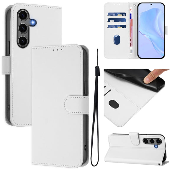 For Samsung Galaxy S25+ 5G Skin Feel Solid Color Leather Phone Case with Lanyard(White)