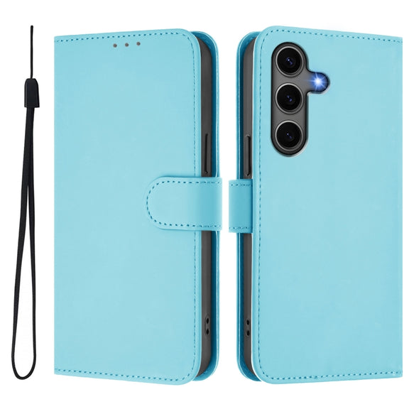 For Samsung Galaxy S25+ 5G Skin Feel Solid Color Leather Phone Case with Lanyard(Sky Blue)