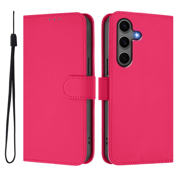 For Samsung Galaxy S25+ 5G Skin Feel Solid Color Leather Phone Case with Lanyard(Rose Red)