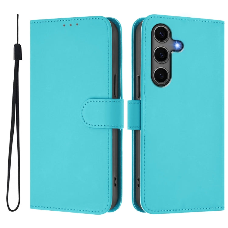 For Samsung Galaxy S25+ 5G Skin Feel Solid Color Leather Phone Case with Lanyard(Lake Blue)