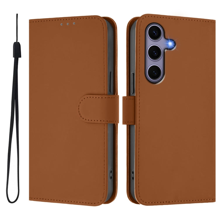 For Samsung Galaxy S25 5G Skin Feel Solid Color Leather Phone Case with Lanyard(Brown)