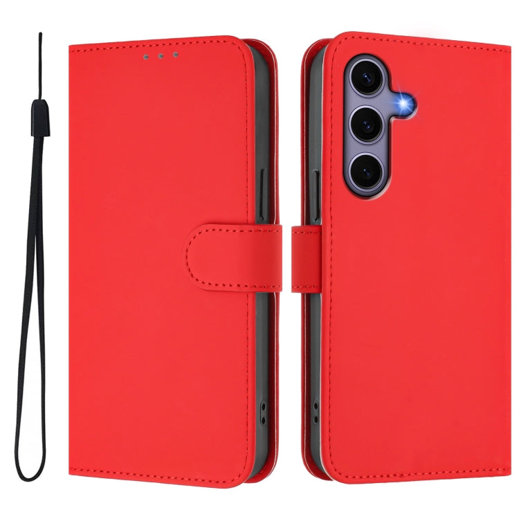 For Samsung Galaxy S25 5G Skin Feel Solid Color Leather Phone Case with Lanyard(Red)