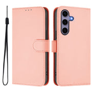 For Samsung Galaxy S25 5G Skin Feel Solid Color Leather Phone Case with Lanyard(Pink)