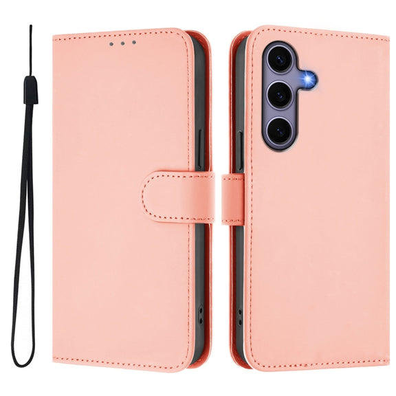 For Samsung Galaxy S25 5G Skin Feel Solid Color Leather Phone Case with Lanyard(Pink)