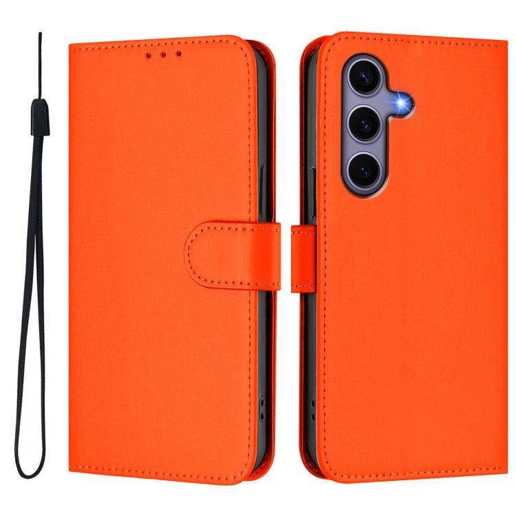 For Samsung Galaxy S25 5G Skin Feel Solid Color Leather Phone Case with Lanyard(Orange)