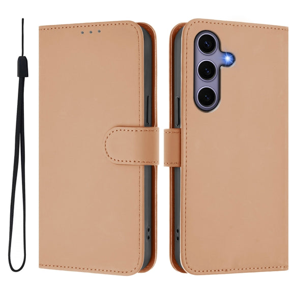 For Samsung Galaxy S25 5G Skin Feel Solid Color Leather Phone Case with Lanyard(Nude)