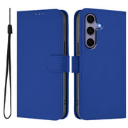 For Samsung Galaxy S25 5G Skin Feel Solid Color Leather Phone Case with Lanyard(Dark Blue)