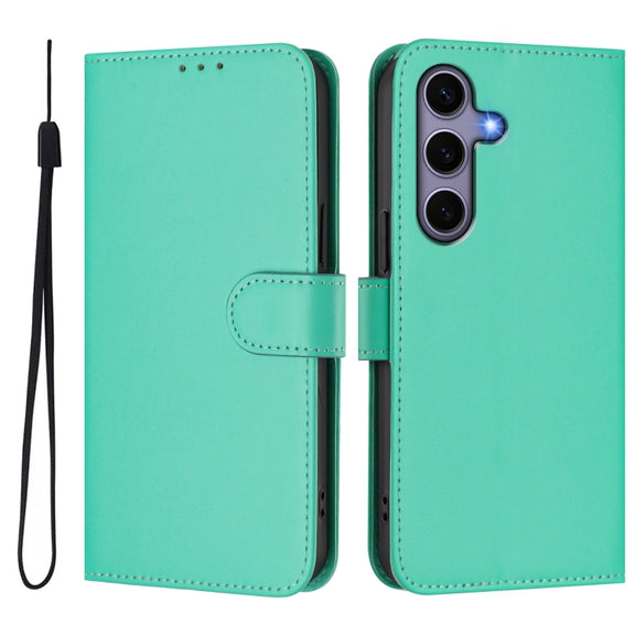 For Samsung Galaxy S25 5G Skin Feel Solid Color Leather Phone Case with Lanyard(Green)