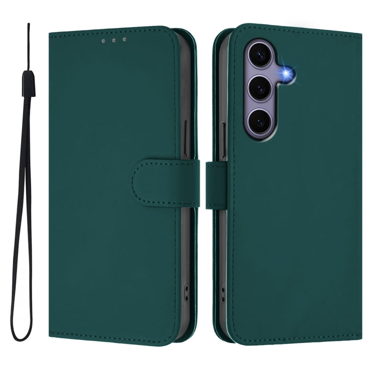 For Samsung Galaxy S25 5G Skin Feel Solid Color Leather Phone Case with Lanyard(Dark Green)