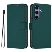 For Samsung Galaxy S25 5G Skin Feel Solid Color Leather Phone Case with Lanyard(Dark Green)