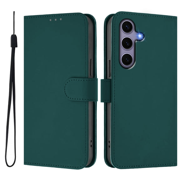 For Samsung Galaxy S25 5G Skin Feel Solid Color Leather Phone Case with Lanyard(Dark Green)