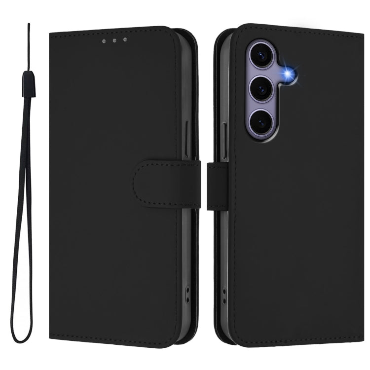 For Samsung Galaxy S25 5G Skin Feel Solid Color Leather Phone Case with Lanyard(Black)