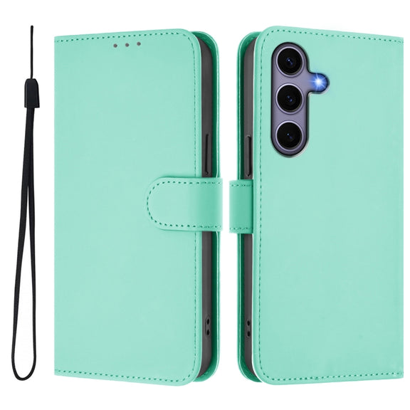 For Samsung Galaxy S25 5G Skin Feel Solid Color Leather Phone Case with Lanyard(Mint Green)