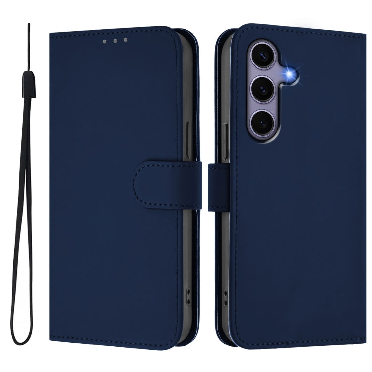 For Samsung Galaxy S25 5G Skin Feel Solid Color Leather Phone Case with Lanyard(Navy Blue)