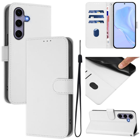 For Samsung Galaxy S25 5G Skin Feel Solid Color Leather Phone Case with Lanyard(White)