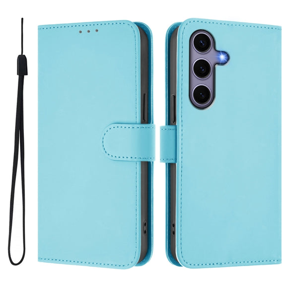 For Samsung Galaxy S25 5G Skin Feel Solid Color Leather Phone Case with Lanyard(Sky Blue)