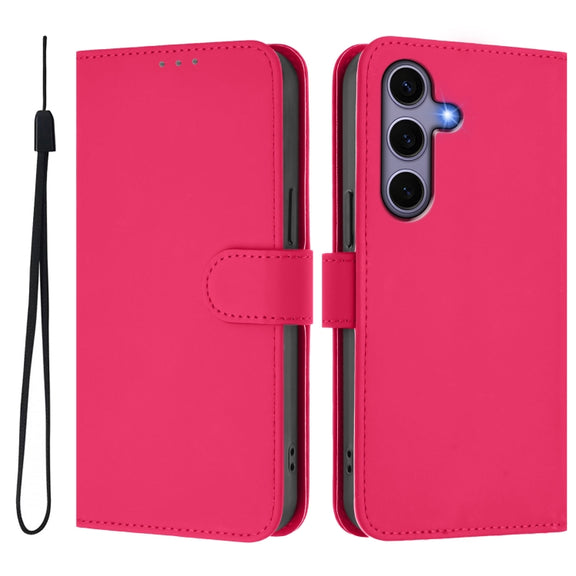 For Samsung Galaxy S25 5G Skin Feel Solid Color Leather Phone Case with Lanyard(Rose Red)