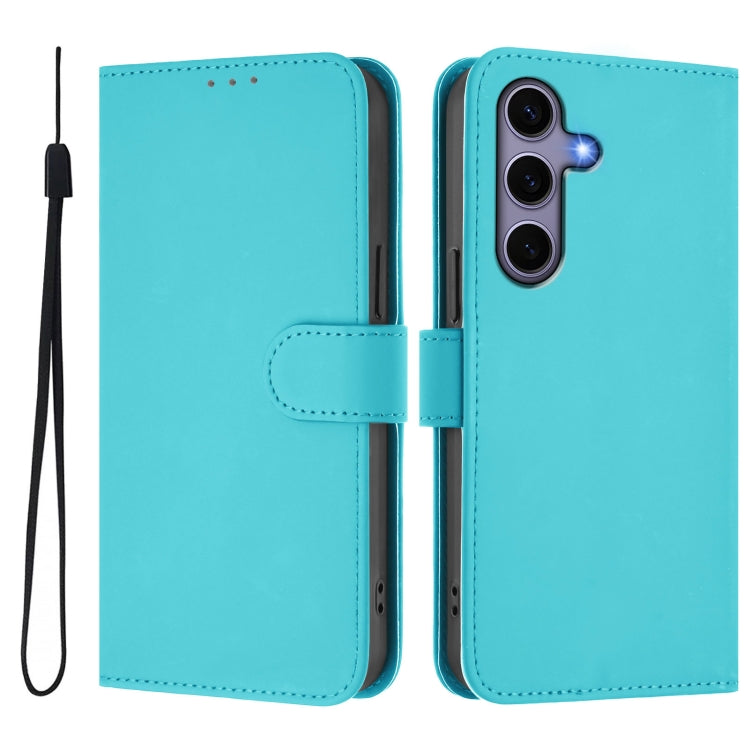 For Samsung Galaxy S25 5G Skin Feel Solid Color Leather Phone Case with Lanyard(Lake Blue)
