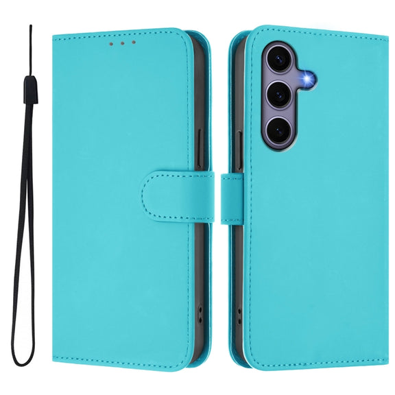 For Samsung Galaxy S25 5G Skin Feel Solid Color Leather Phone Case with Lanyard(Lake Blue)