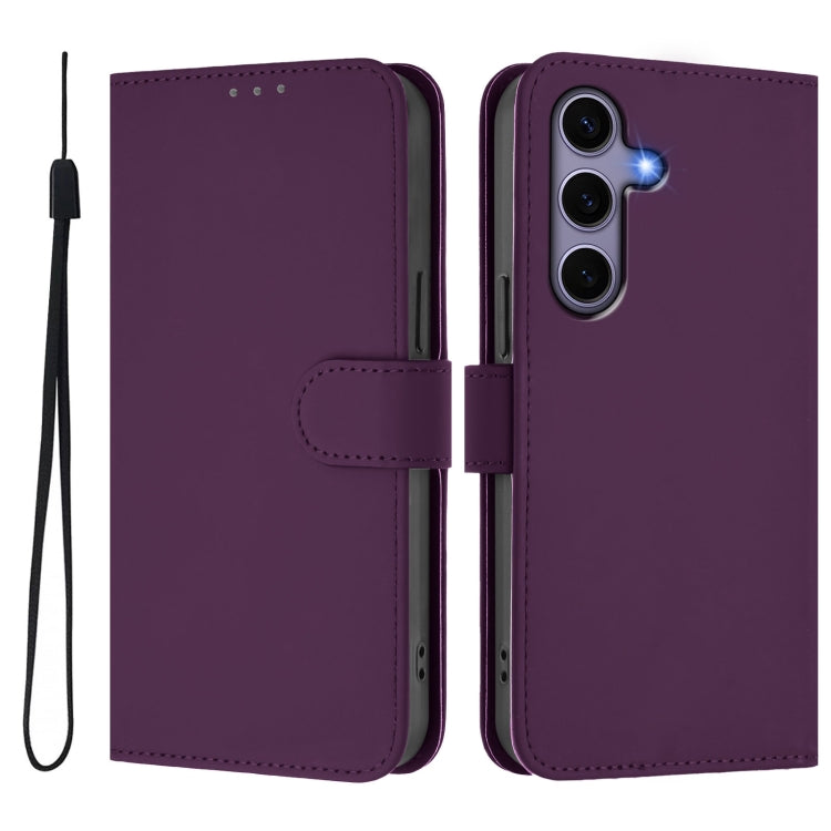For Samsung Galaxy S25 5G Skin Feel Solid Color Leather Phone Case with Lanyard(Violet)