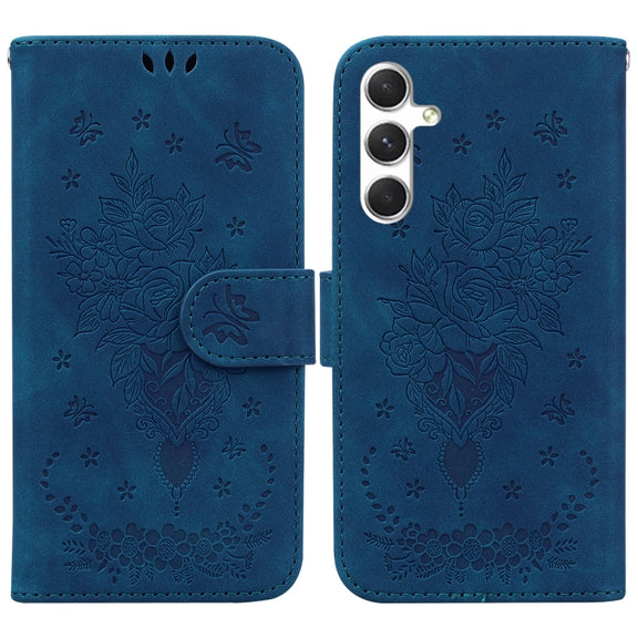 For Samsung Galaxy S25 5G Butterfly Rose Embossed Leather Phone Case(Blue)