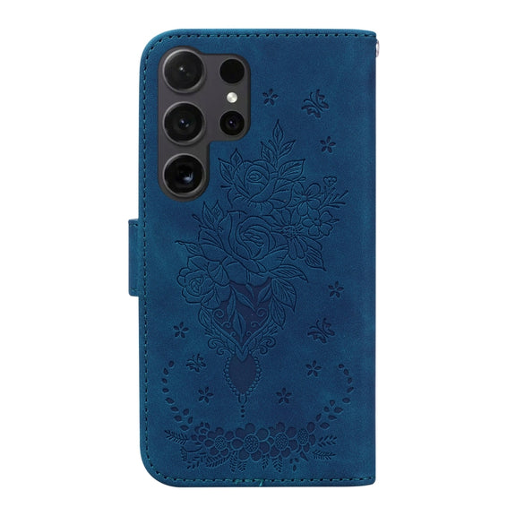For Samsung Galaxy S25 Ultra 5G Butterfly Rose Embossed Leather Phone Case(Blue)