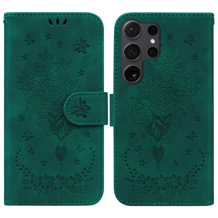 For Samsung Galaxy S25 Ultra 5G Butterfly Rose Embossed Leather Phone Case(Green)