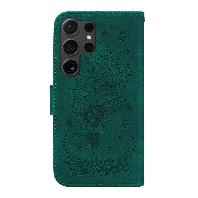 For Samsung Galaxy S25 Ultra 5G Butterfly Rose Embossed Leather Phone Case(Green)