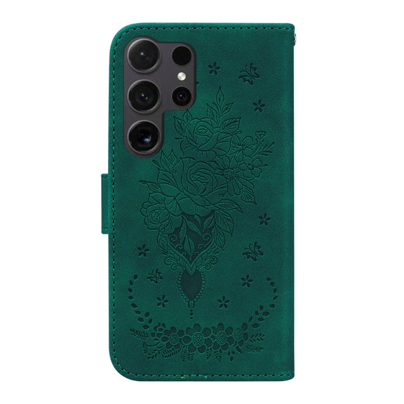 For Samsung Galaxy S25 Ultra 5G Butterfly Rose Embossed Leather Phone Case(Green)