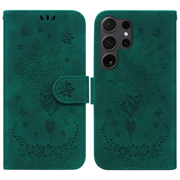 For Samsung Galaxy S25 Ultra 5G Butterfly Rose Embossed Leather Phone Case(Green)
