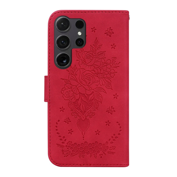 For Samsung Galaxy S25 Ultra 5G Butterfly Rose Embossed Leather Phone Case(Red)