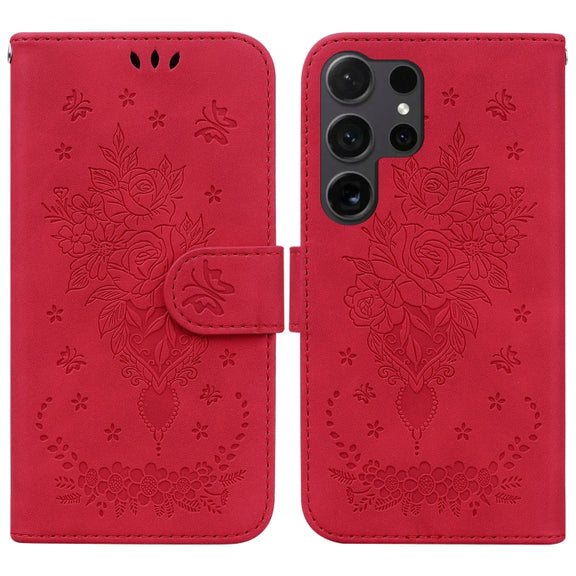 For Samsung Galaxy S25 Ultra 5G Butterfly Rose Embossed Leather Phone Case(Red)